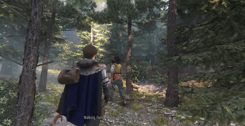 Two characters walking through dense forest.