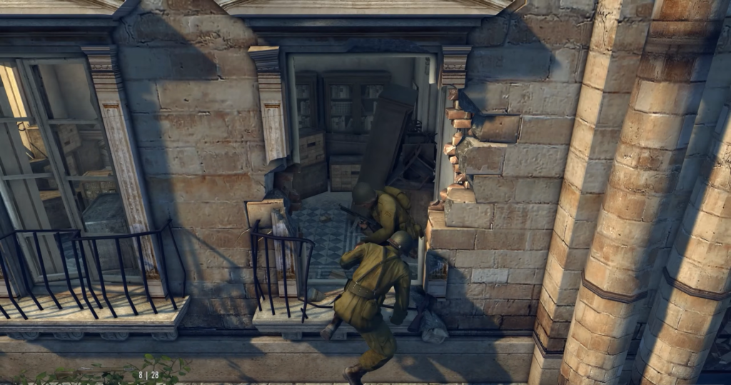 Soldier entering damaged stone building doorway.