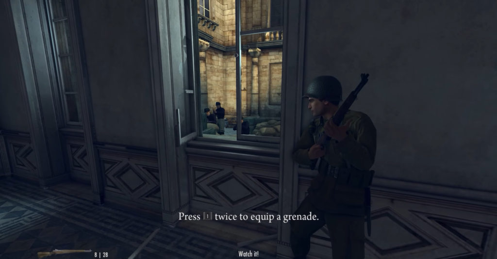 Soldier holding rifle near window.