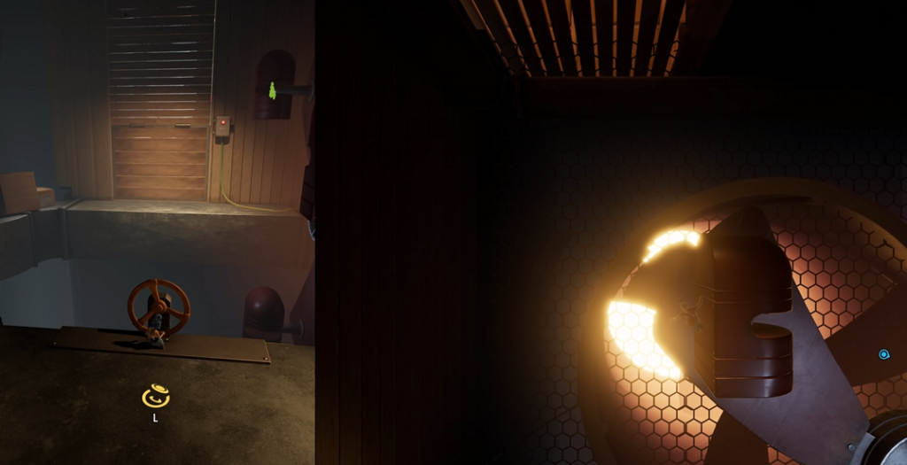 Split-screen game view of valve wheel and fan vent