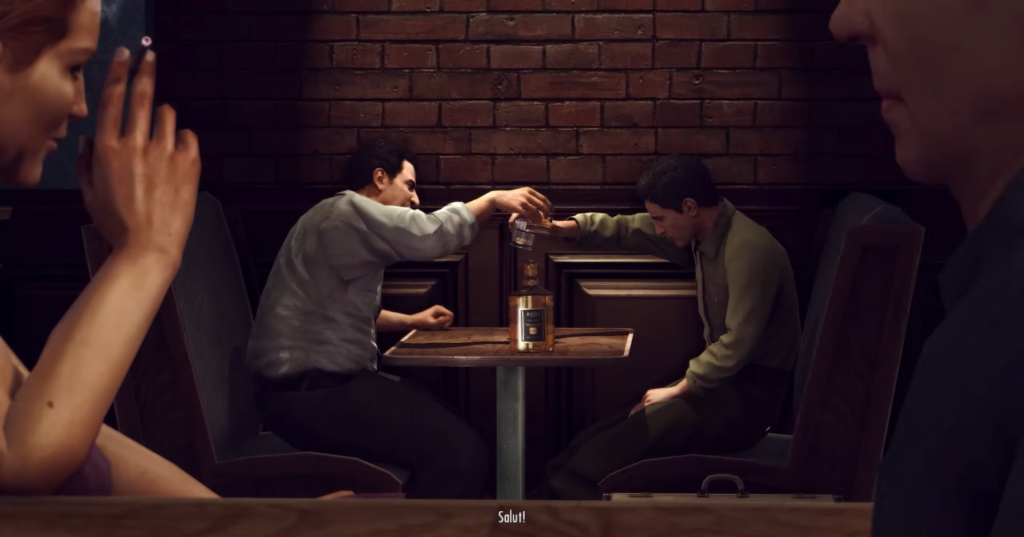 Two men toasting over beer.