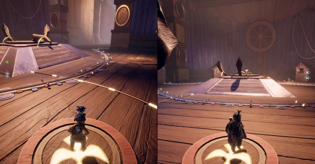 It Takes Two characters standing on wooden stage platform