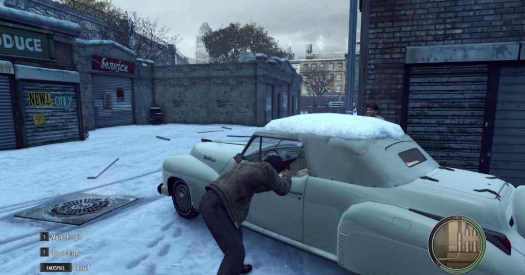 Man hiding behind white car, snow.