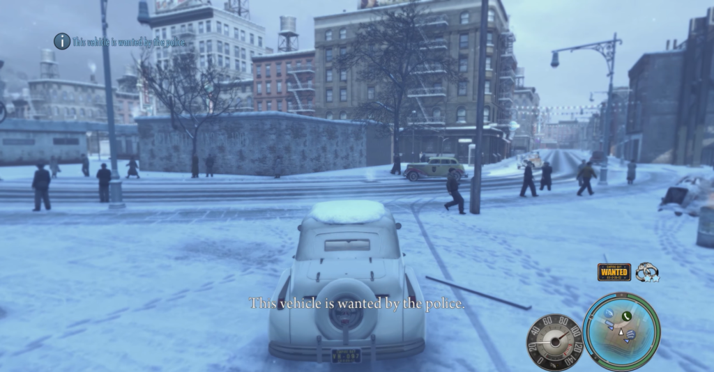 Snowy street scene with police chase.