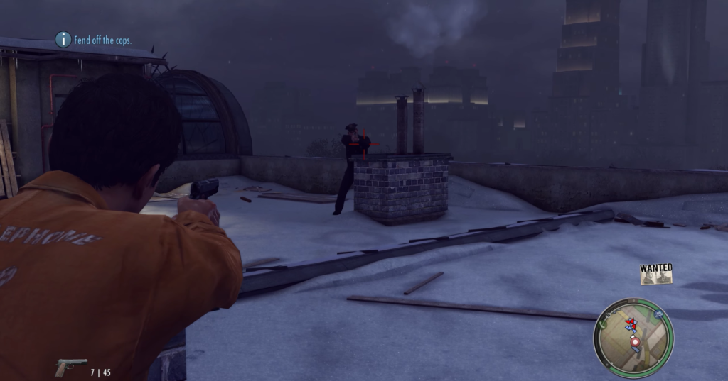 Man aiming gun at rooftop target.