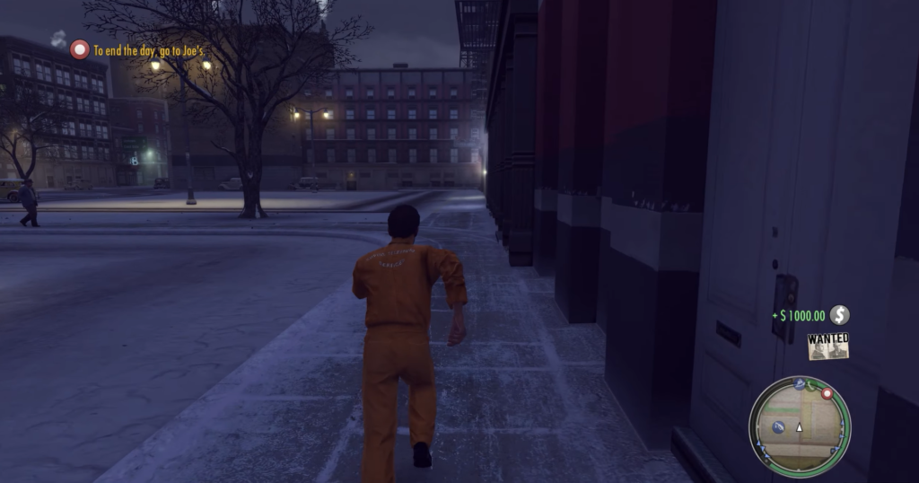 Man in orange jumpsuit running sidewalk.