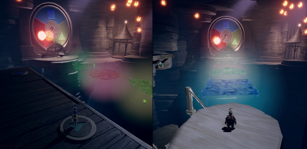 It Takes Two characters facing color wheel door indoors