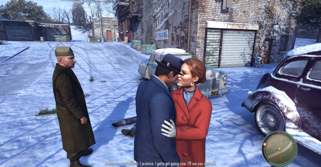 Man and woman kiss in snow.