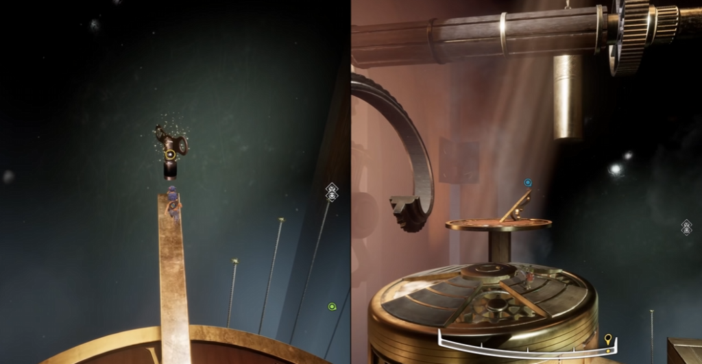 It Takes Two characters climbing platform inside clockwork room