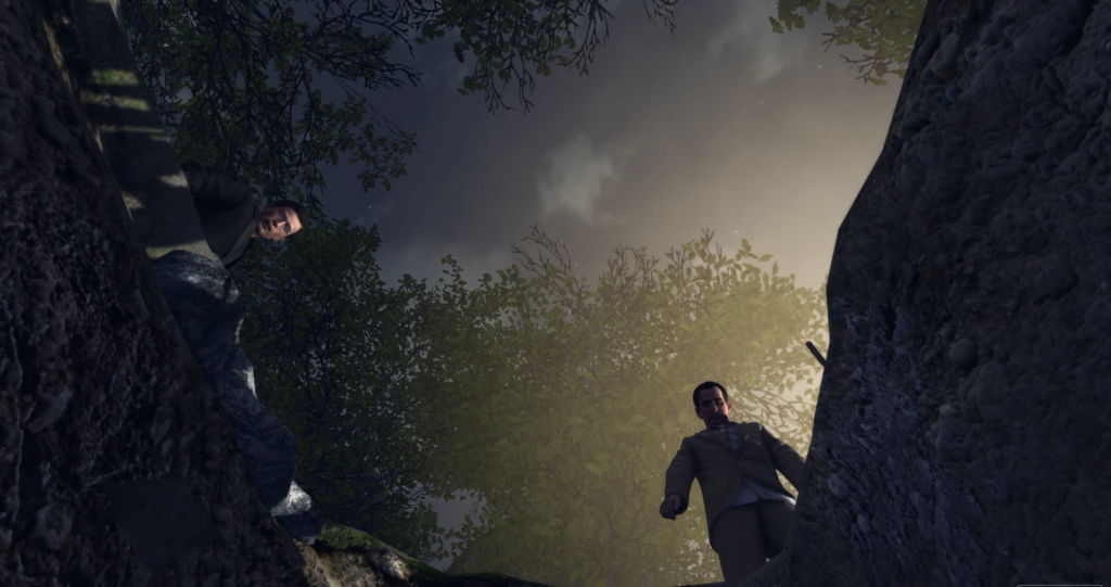 Two men looking into a pit.