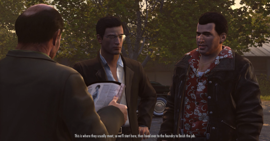 Three men discussing plans outdoors.