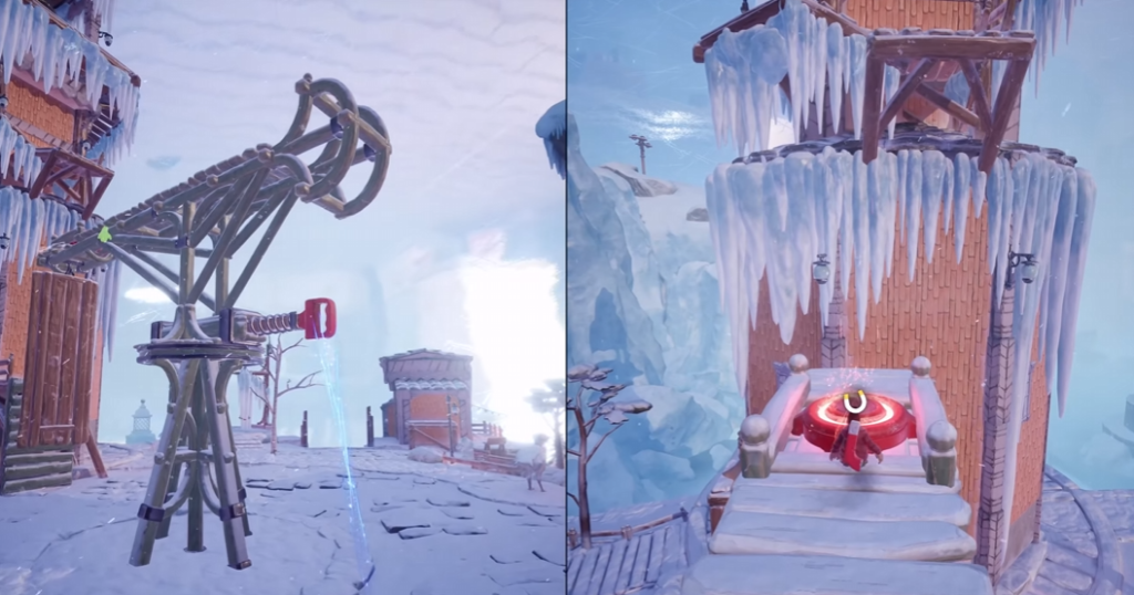 Red-cloaked character activates red platform on icy tower