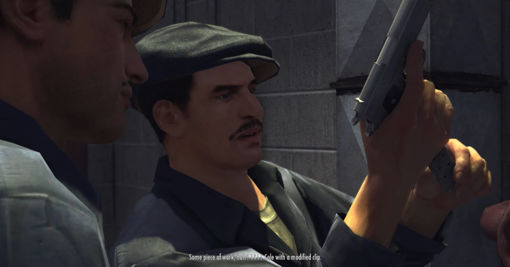 Man inspecting handgun in dim alley.