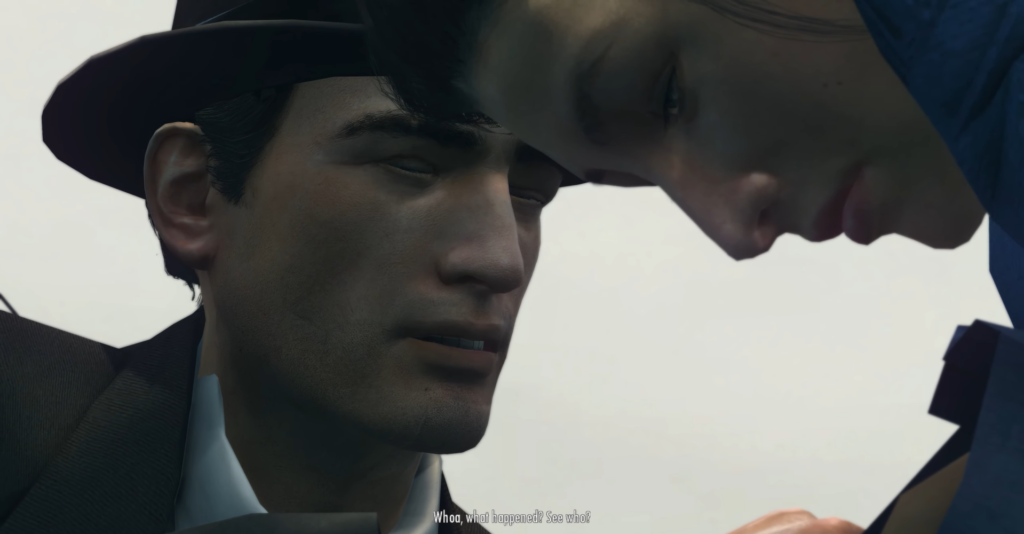 Man in suit leans towards woman.