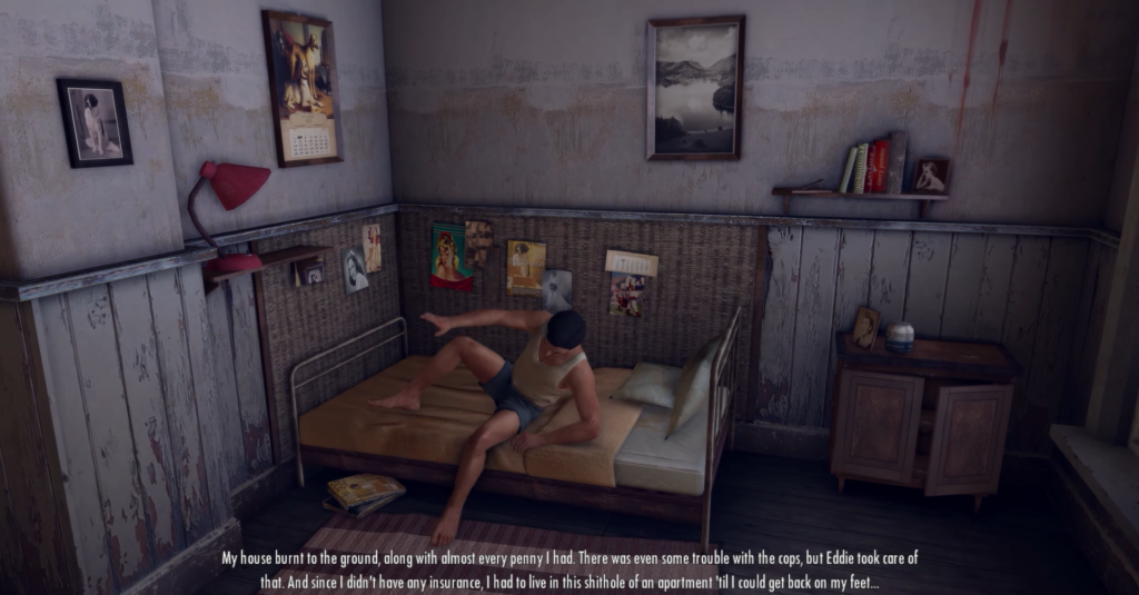 Man sitting on bed in room.