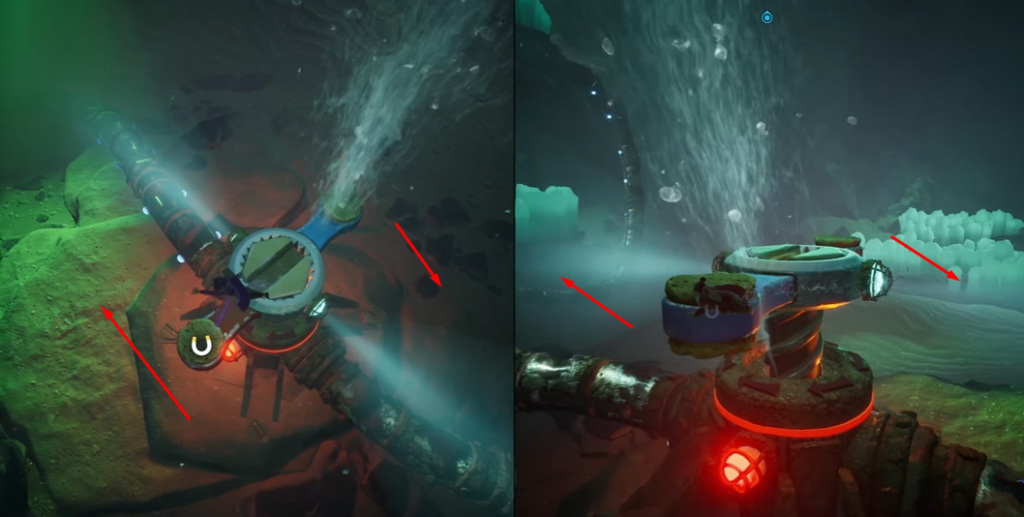 Underwater valve releasing bubbles near glowing red pipe