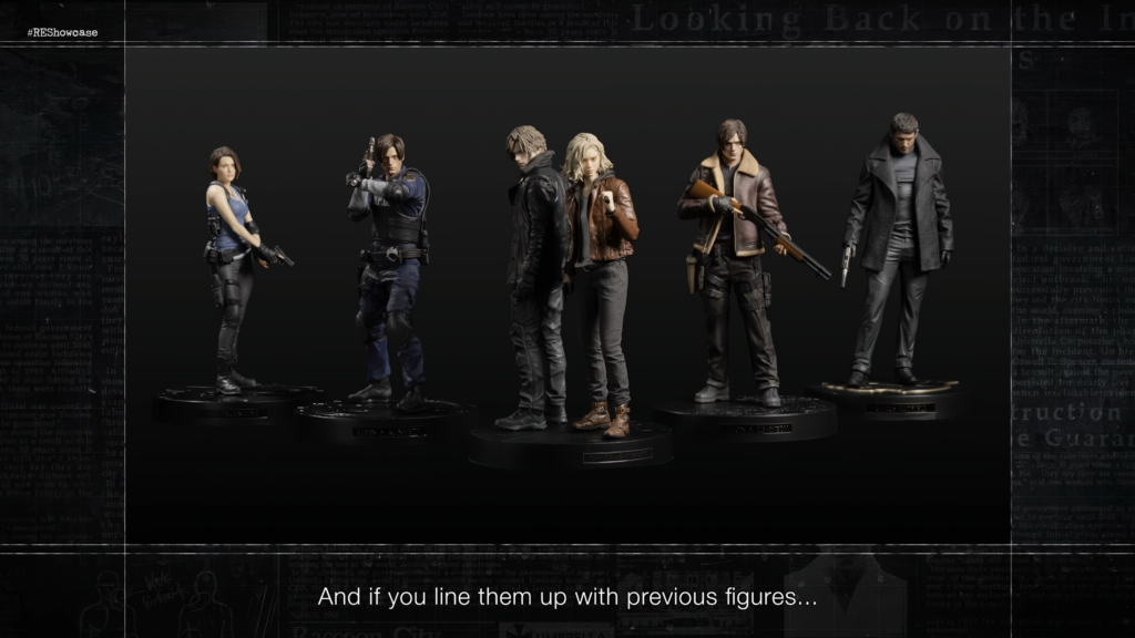 Resident Evil action figures lined up.