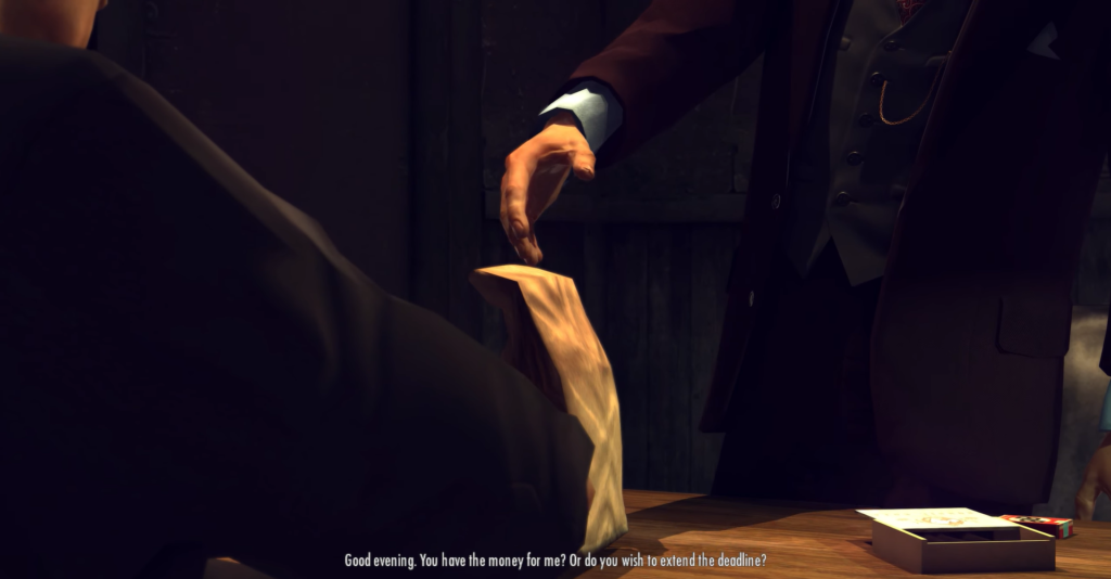 Man hands over brown paper bag.