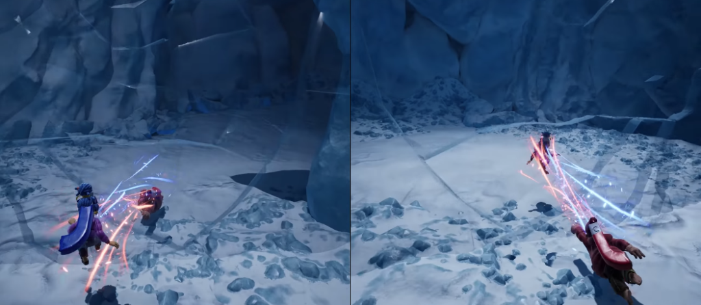 Two characters fighting with energy beams on icy ground