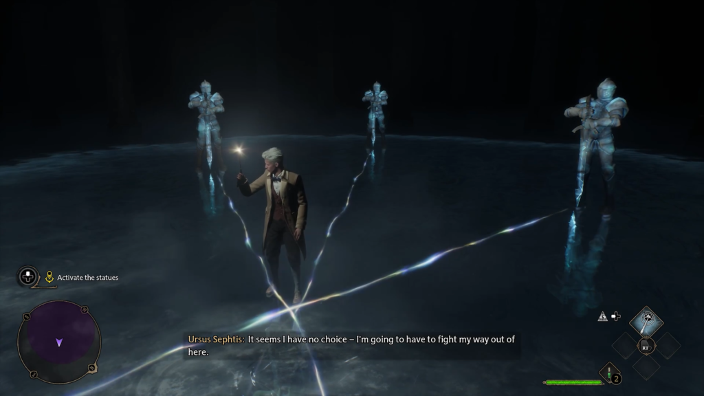 Man with wand facing ghostly knights.