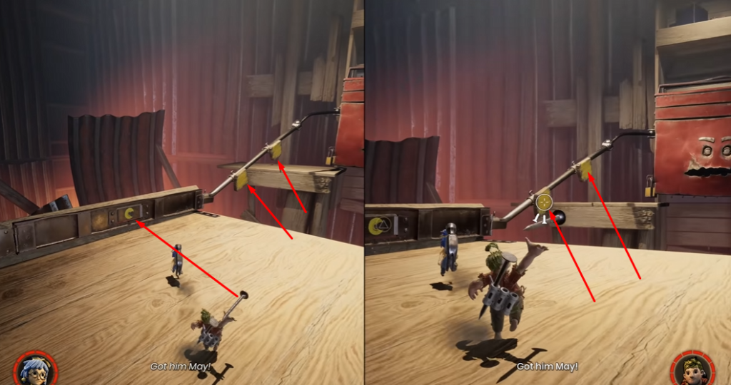 It Takes Two characters running on wooden workbench indoors