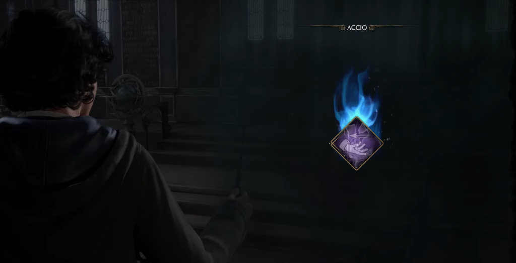 Casting spell "Accio" with wand.