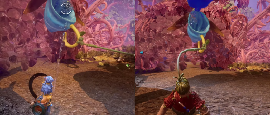 It Takes Two characters pulling plant in pink forest