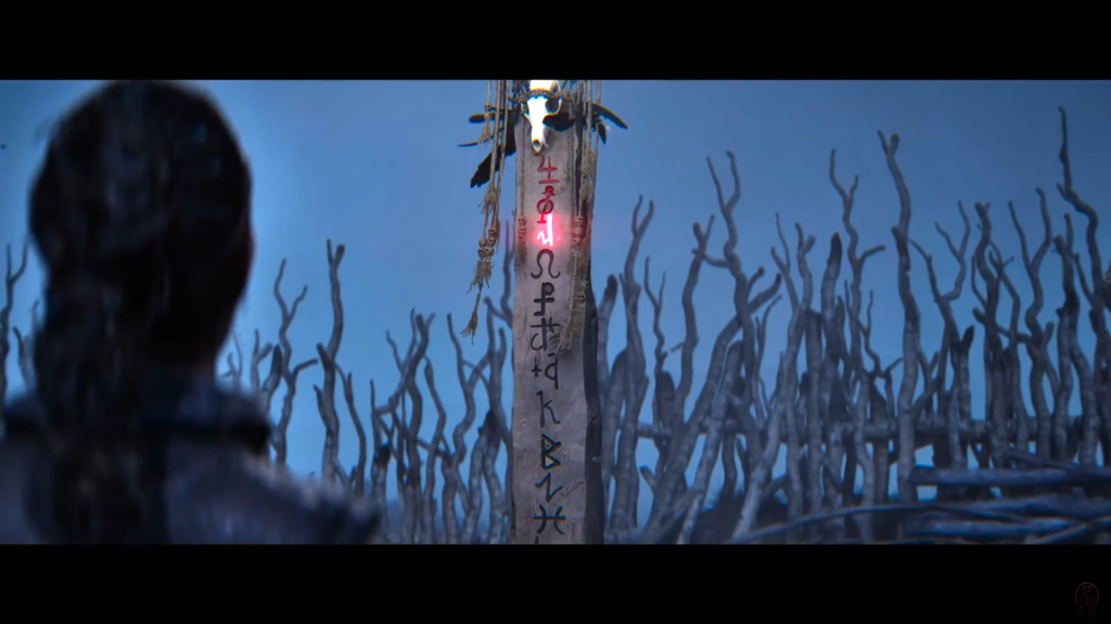 Woman watches glowing rune totem in dead forest