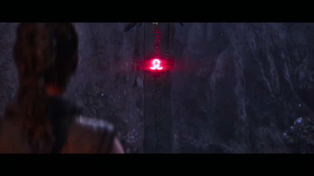 Woman watches red glowing symbol on stone pillar