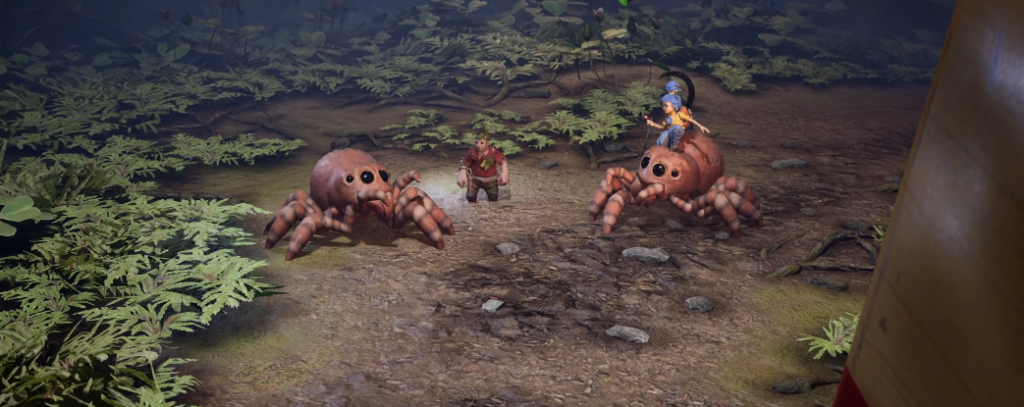 Two spiders face adventurers on forest path
