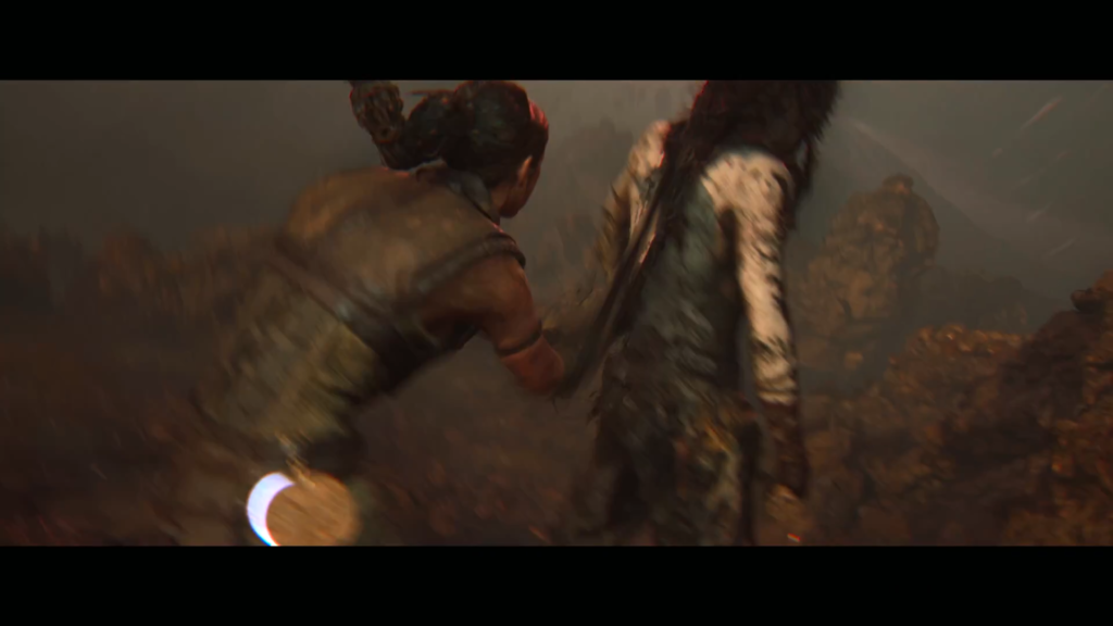 Two women running through smoky rocky battlefield