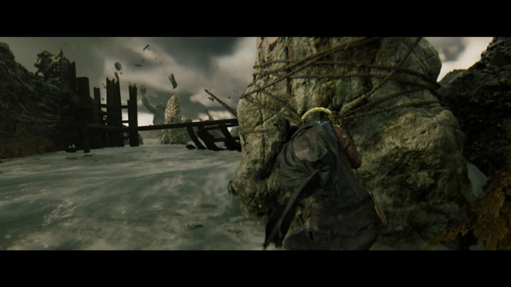 Warrior hides behind rock in stormy shoreline ruins
