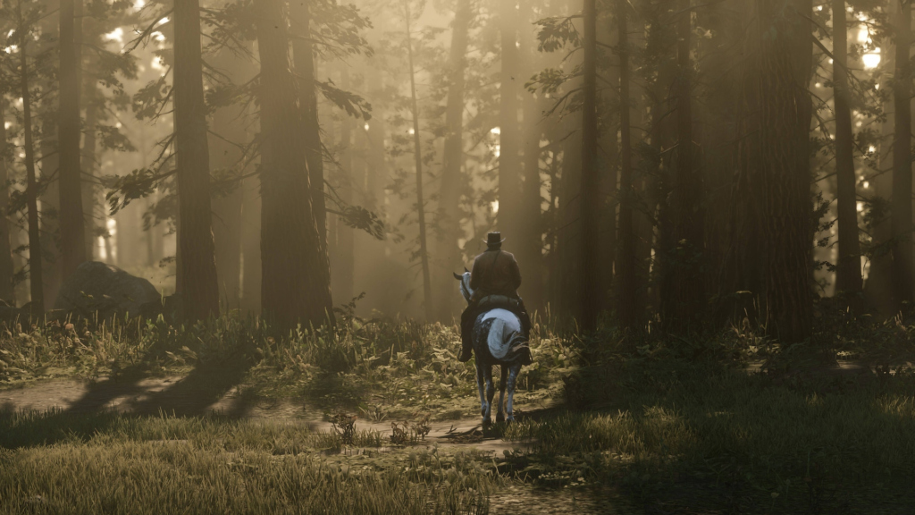 Cowboy riding horse through sunlit forest trail