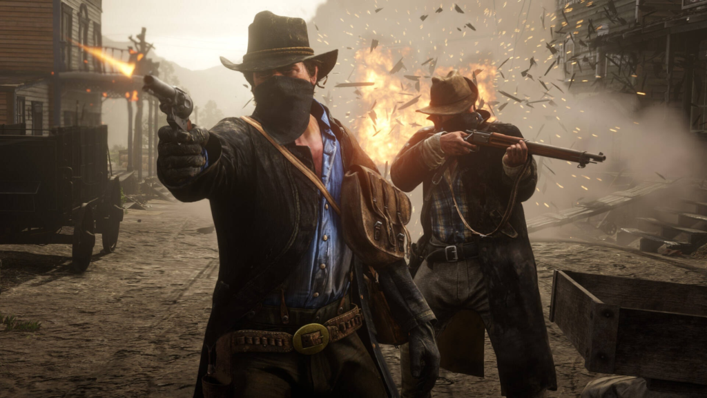 Red Dead Redemption 2 outlaws shooting guns on street