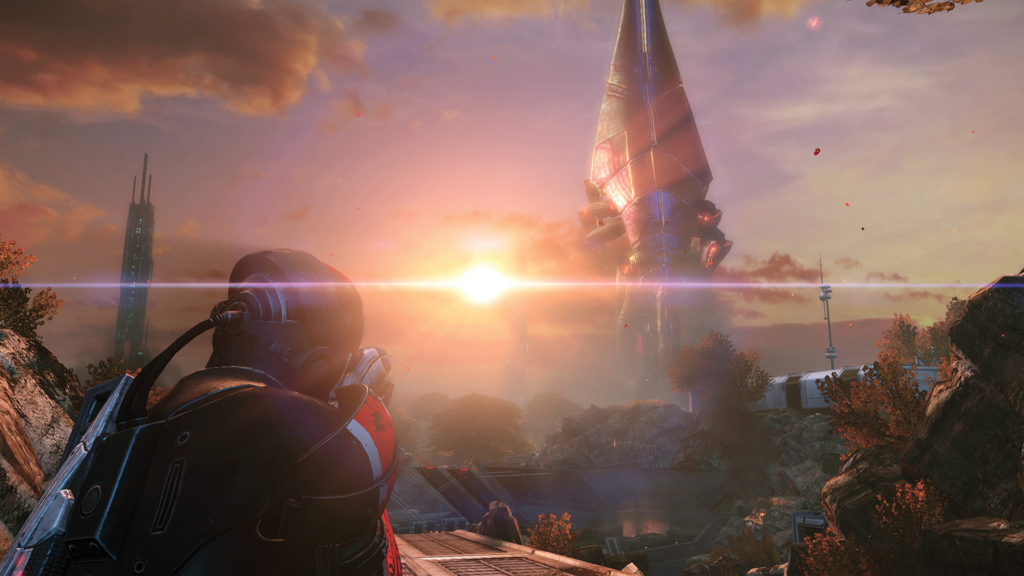 Mass Effect soldier watches Reaper at sunset battlefield