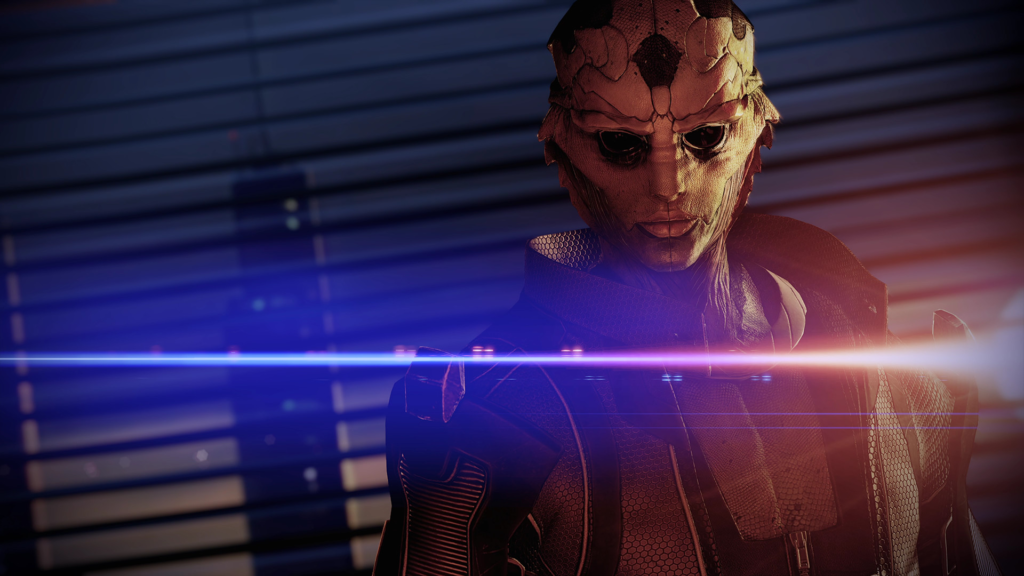 Mass Effect's Garrus Vakarian standing in spaceship corridor