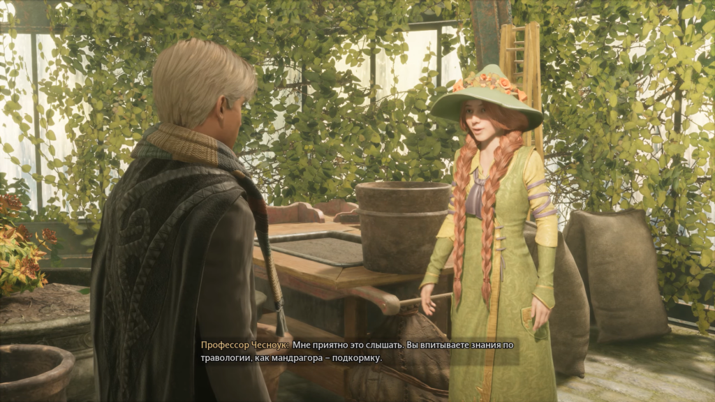 Student talks to Professor Garlick in Hogwarts Legacy greenhouse
