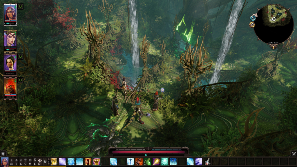 Party explores forest near waterfalls in Divinity Original Sin 2