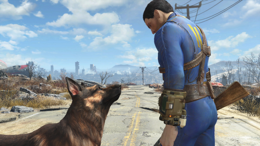 Fallout 4 Sole Survivor looks at Dogmeat on road