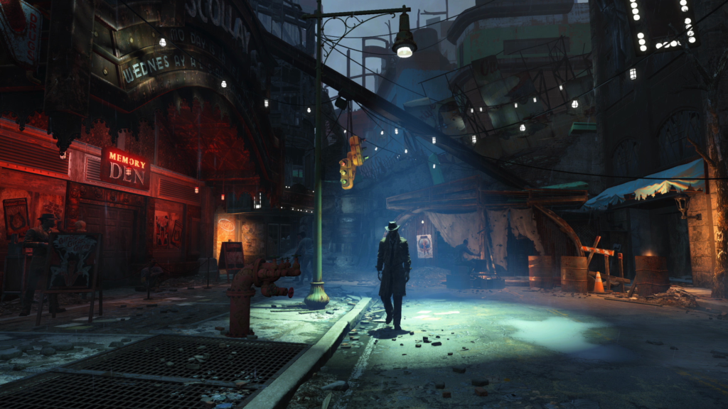 Man walking down dim street with neon signs