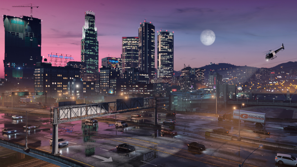 Helicopter flies over Los Santos skyline at dusk, GTA V