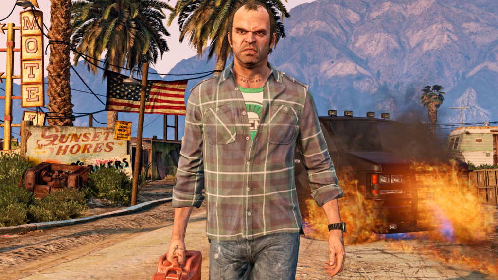 Trevor Philips from Grand Theft Auto V walking past burning truck