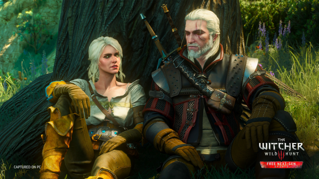 Geralt and Ciri sit by tree in The Witcher 3