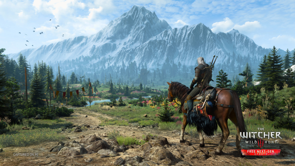 Geralt rides horse in mountains, The Witcher 3