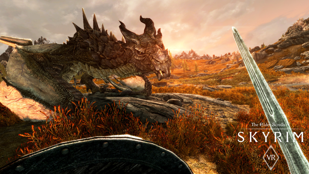 Skyrim dragon facing sword and shield in field