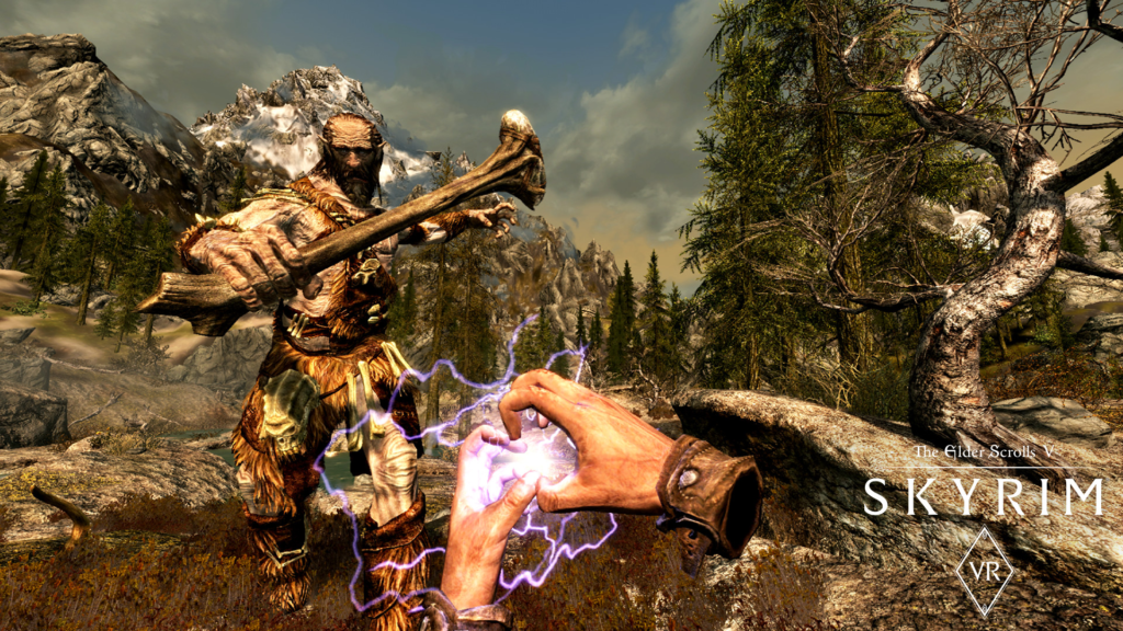 Skyrim player casts purple lightning at giant outdoors