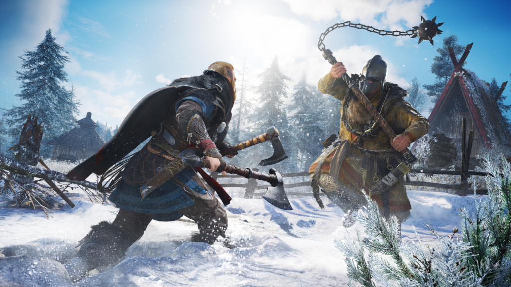 Assassin's Creed Valhalla Eivor fights soldier in snowy village