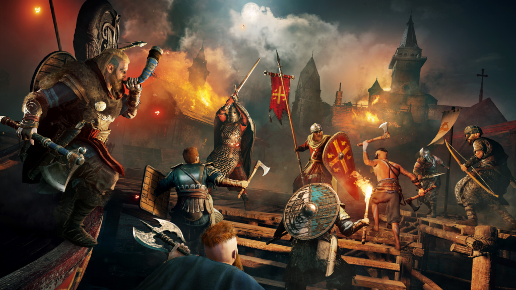Viking warriors fighting on wooden bridge near burning town