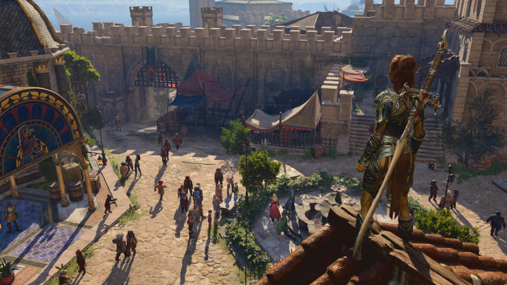 Armored warrior overlooks city market from rooftop stairs
