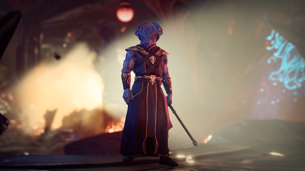 Blue dragon humanoid holds staff in smoky ruins